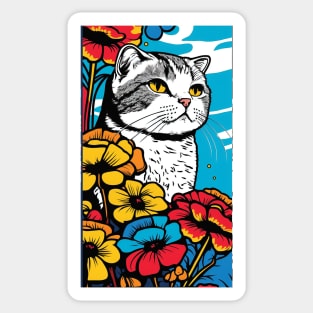 Scottish Fold Cat Vibrant Tropical Flower Tall Retro Vintage Digital Pop Art Portrait 3 Sticker